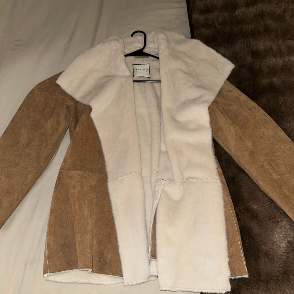 bagatelle Cream and Brown Faux Shearling Wrap Coat